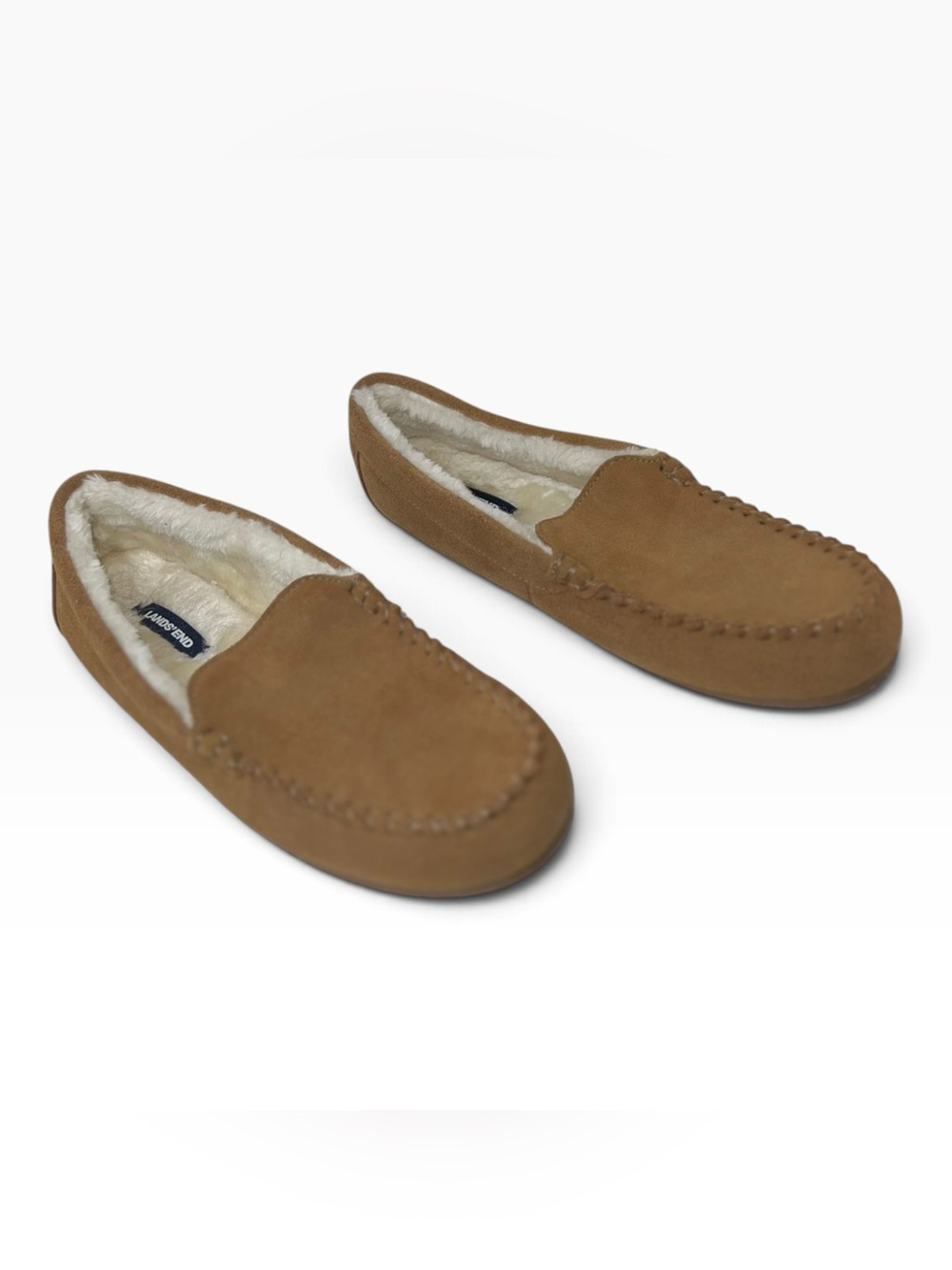 Lands’ End Women’s Suede Moccasin Slippers Tan Faux Shearling Lined Size 11B